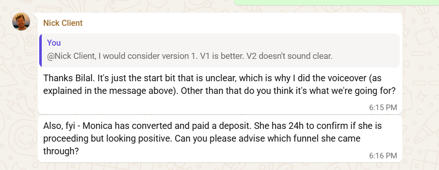 WhatsApp deposit converted
